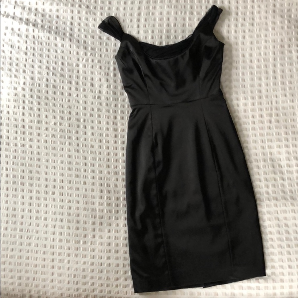 BETSY JOHNSON black satin stretch body con dress